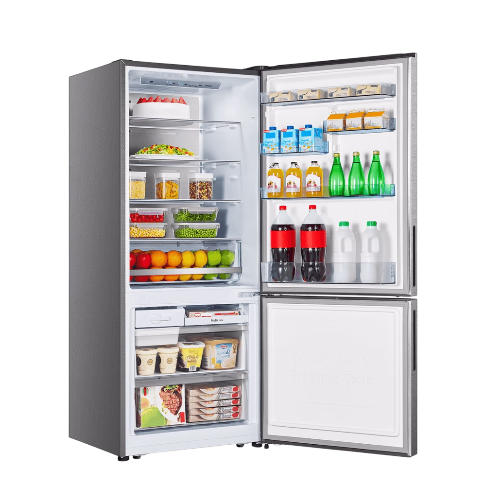 Refrigeradora 404 Litros Indurama RI-6451 con alimentos y vista diagonal abierta Disponible en granhogar