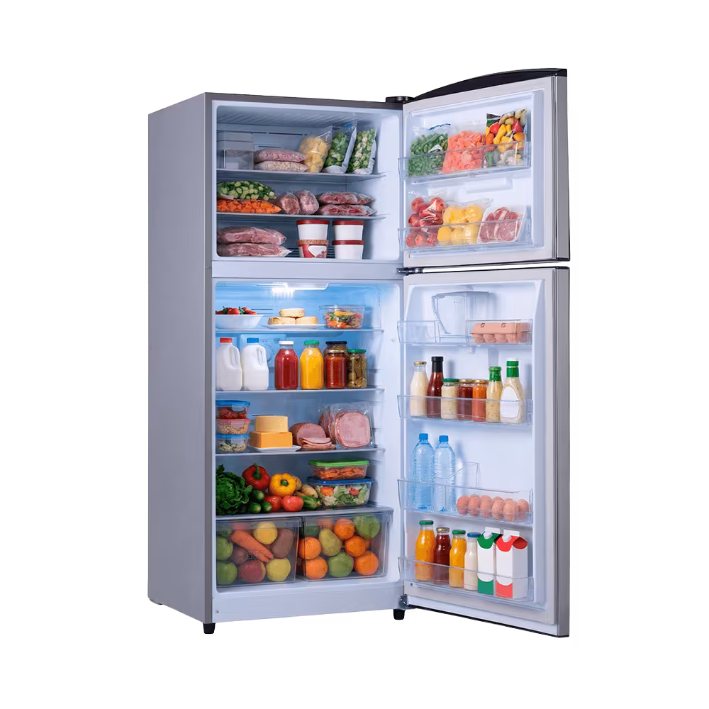 Refrigeradora Indurama RI-580 Quarzo capacidad de 381L con alimentos vista diagonal. Solo en granhogar