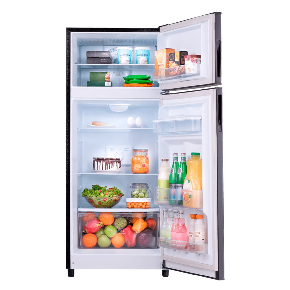 Refrigeradora RI-370 Avant MI NG Indurama con alimentos y bebidas en las repisas adquiérelo en granhogar