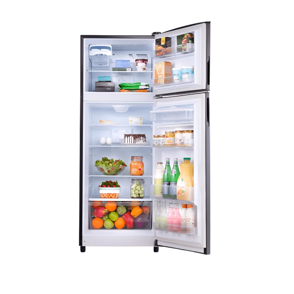Refrigeradora Indurama RI-405 Avant color negra de dos puertas vista interna con alimentos. Solo en granhogar