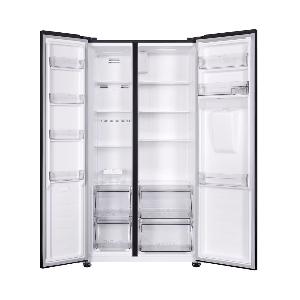 Refrigeradora Indurama RI-7469D Side by Side interior con bandejas vista frontal abierta. Disponible granhogar