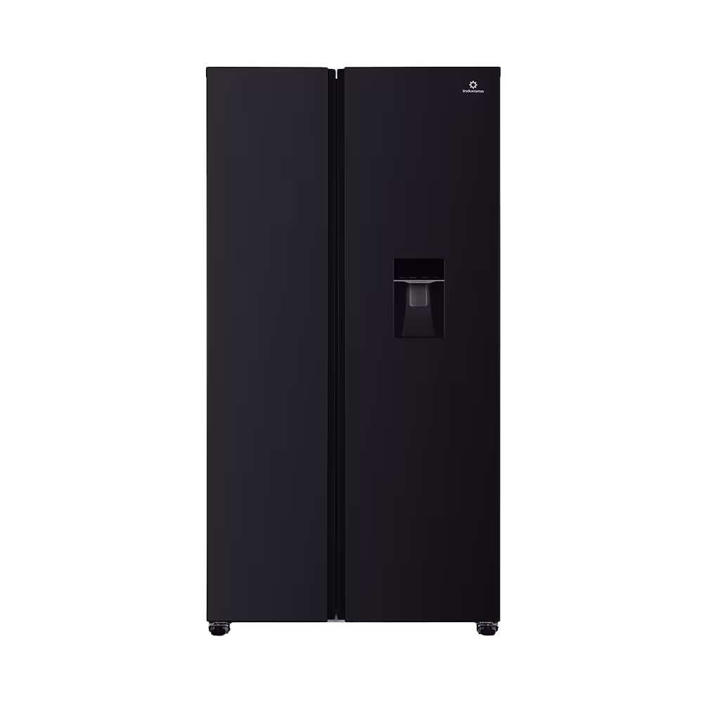 Refrigeradora Indurama RI-7469D Side by Side negra con dispensador de agua vista frontal. Solo en granhogar