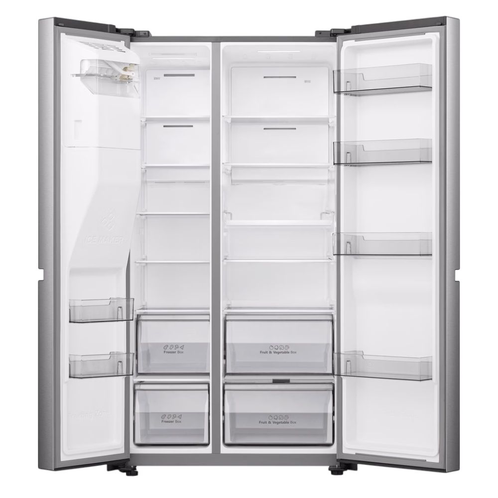 Refrigeradora RI-790I Side by Side Indurama totalmente vacía con puertas abiertas, descúbrelo en granhogar