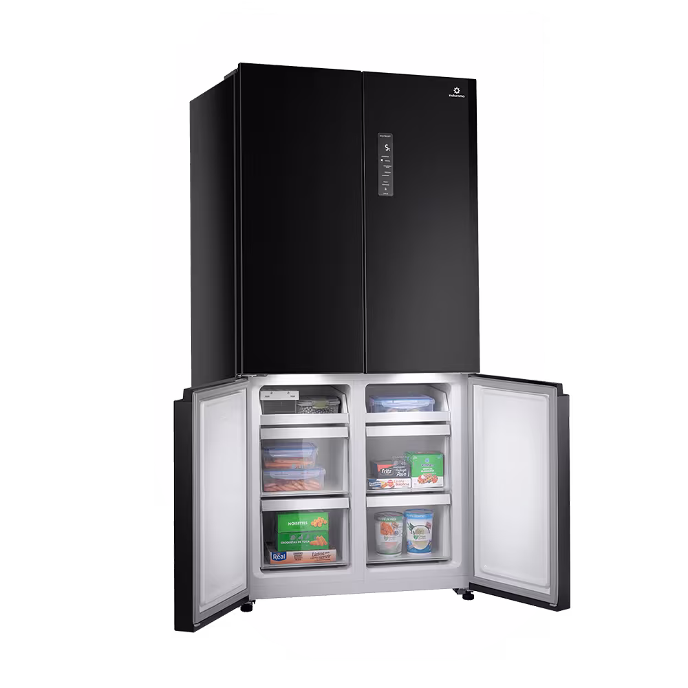 Refrigeradora Indurama RI-880I interior lleno de alimentos vista diagonal. Disponible en granhogar online