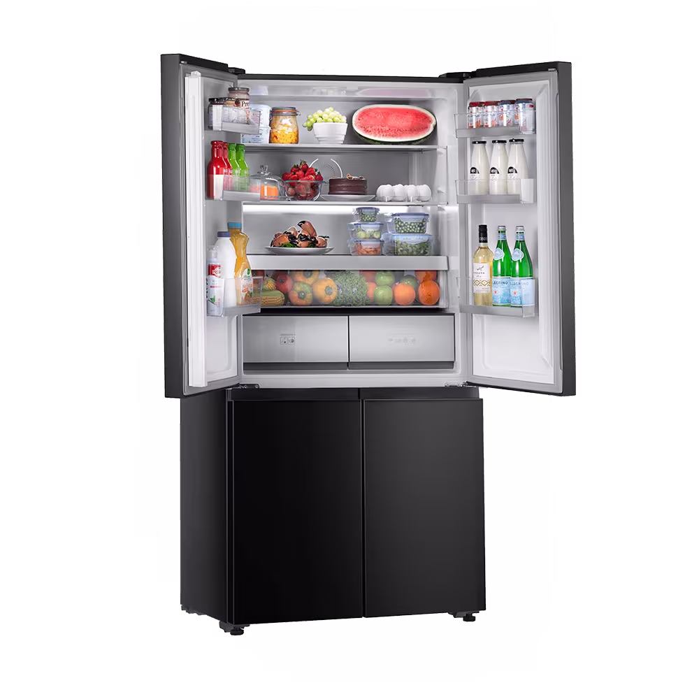 Refrigeradora Indurama RI-880I puertas superiores abiertas vista diagonal. Consíguela en granhogar