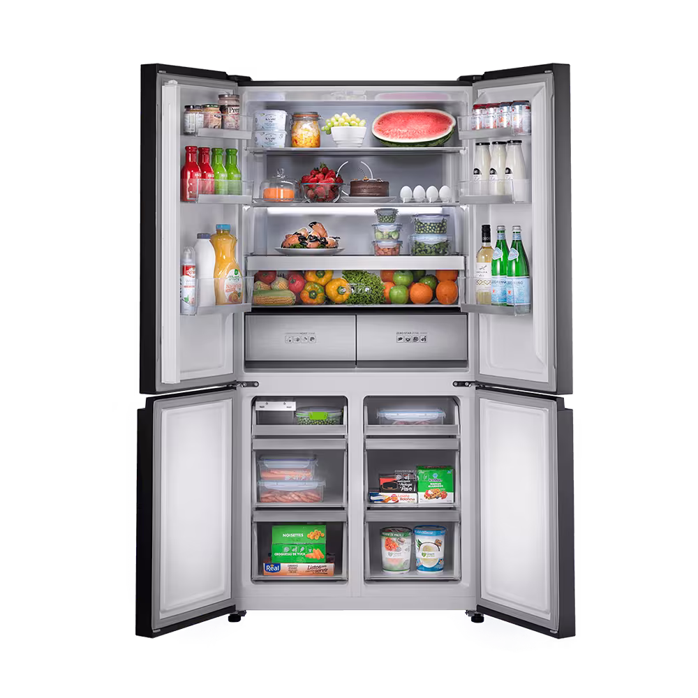 Refrigeradora Indurama RI-880I cuatro puertas abiertas vista frontal. Solo en granhogar