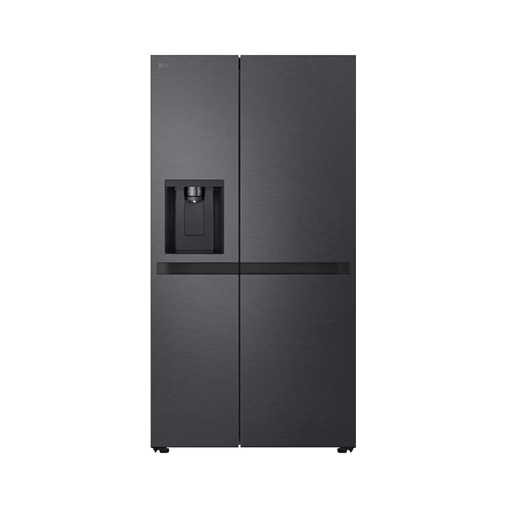 Refrigeradora LG VS25LQIK Side By Side negra con dispensador de agua vista frontal. Disponible en granhogar
