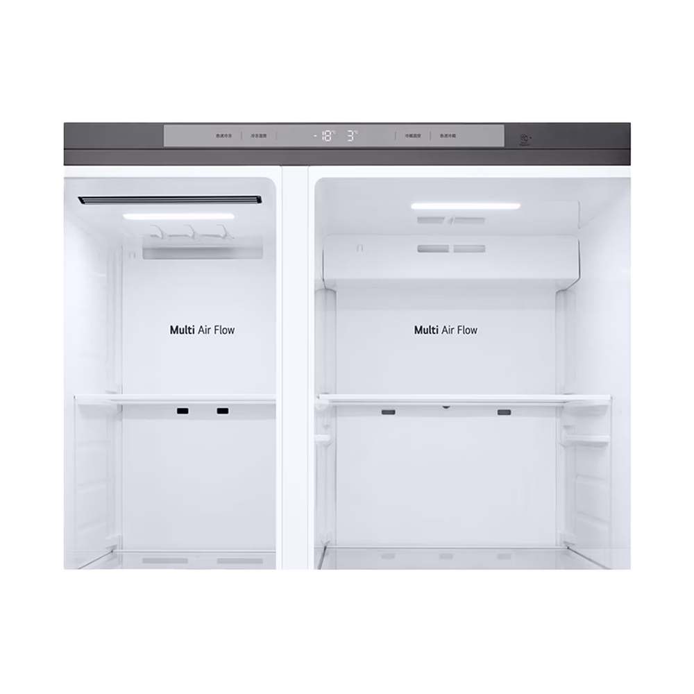 Refrigeradora VS25BJNK Side by Side LG detalle de iluminación y paneles superiores descúbrelo en granhogar