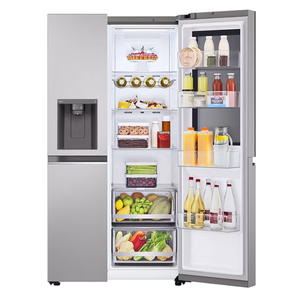 Refrigeradora VS25GMIW Side by Side 612L Inverter LG con una puerta abierta y cajones, adquiérelo en granhogar