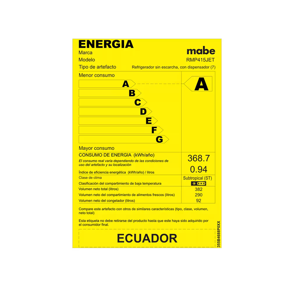 Refrigeradora Mabe RMP415JET sticker de eficiencia energética categoría vista frontal. Disponible en granhogar