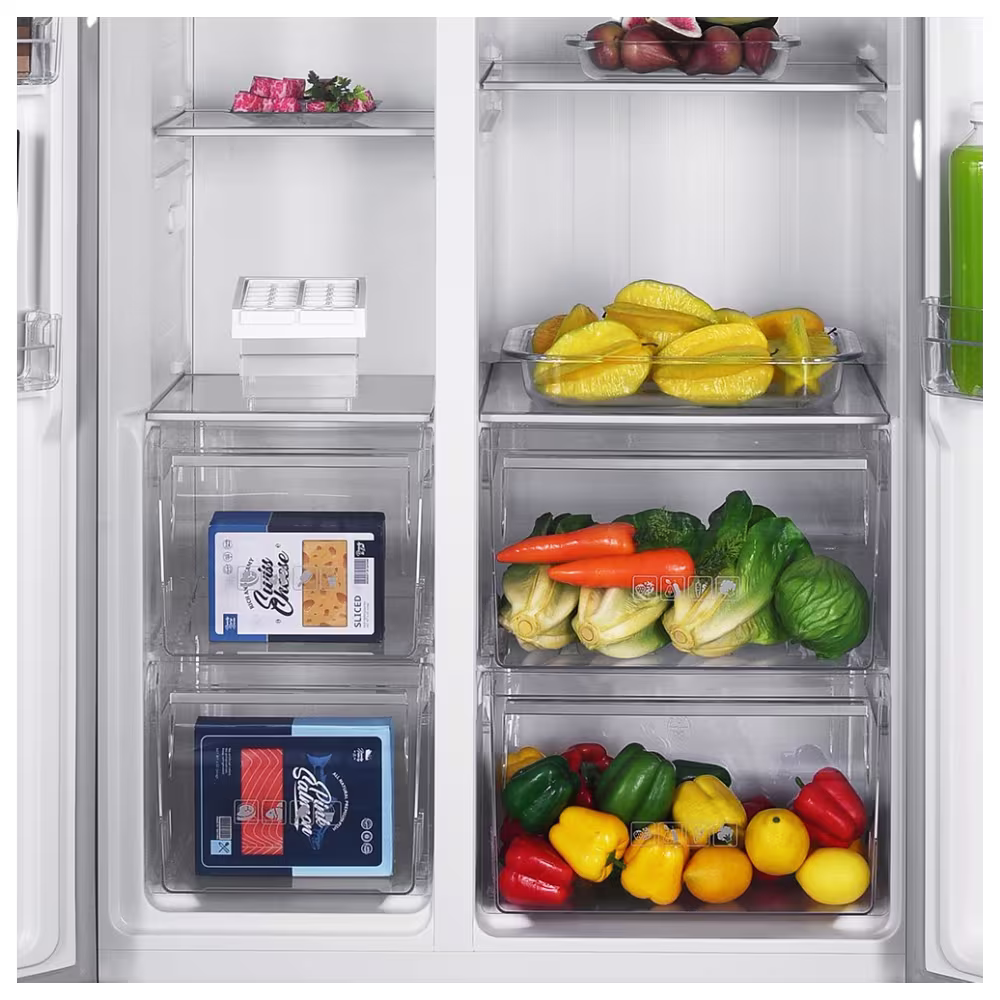 Refrigeradora Mabe MSE480LPLSS0 cajones para verduras vista interior disponible en granhogar