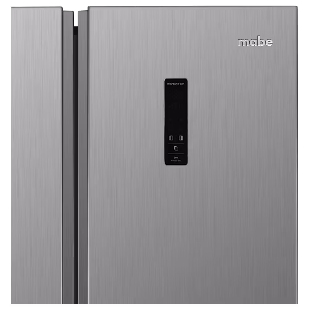 Refrigeradora Mabe MSE480LPLSS0 logo mabe y dispensador vista cercana disponible en granhogar