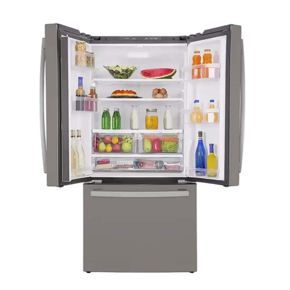 Refrigeradora General Electric PNQ25IMPCES puertas abiertas y repisas vista frontal disponible en granhogar