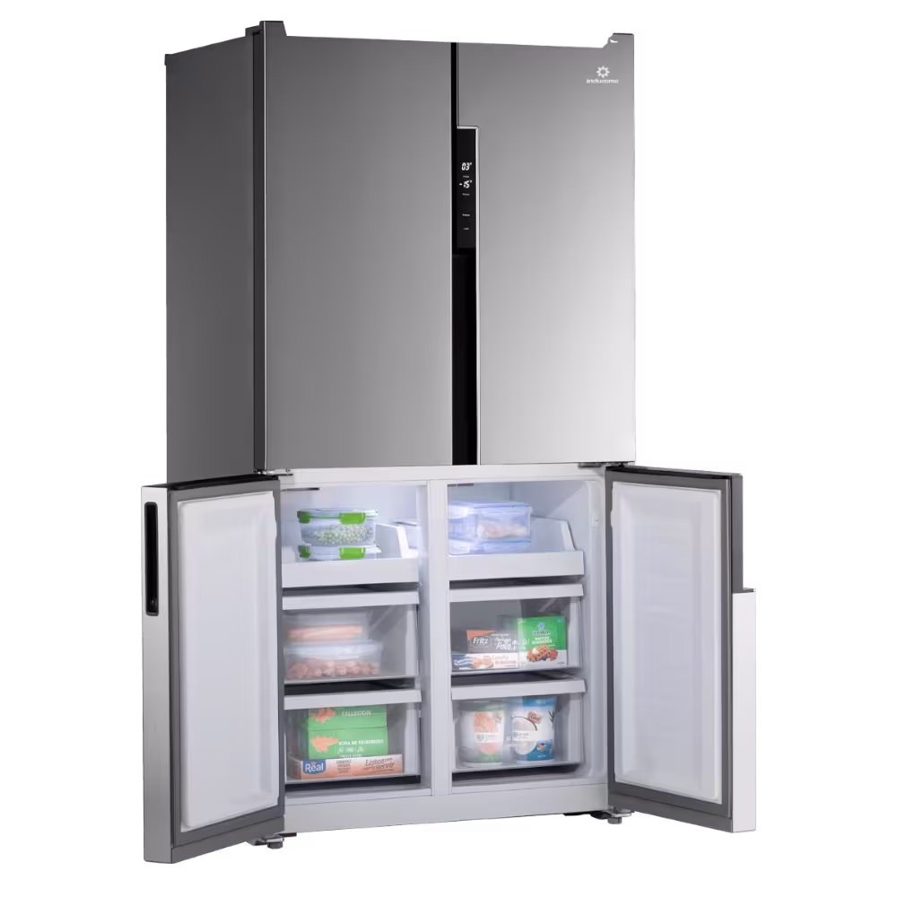 Refrigeradora Indurama RI-870I puertas del congelador inferior abiertas vista diagonal disponible en granhogar