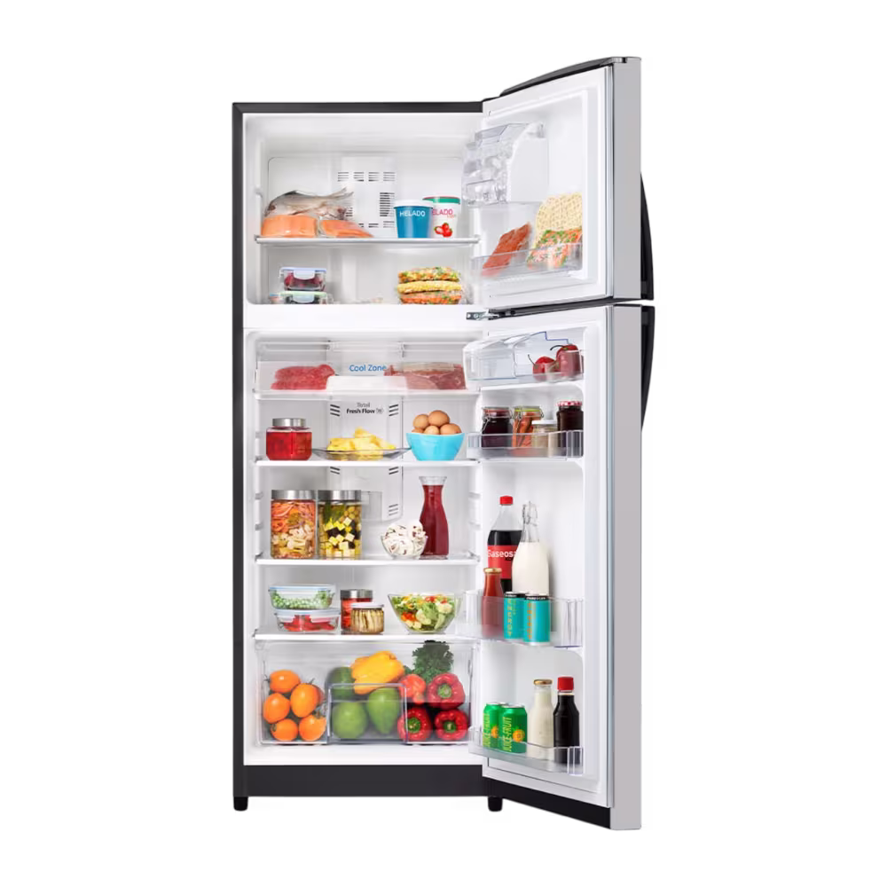 Refrigeradora Mabe RMP418FGEU compartimentos y repisas con alimentos vista frontal disponible en granhogar