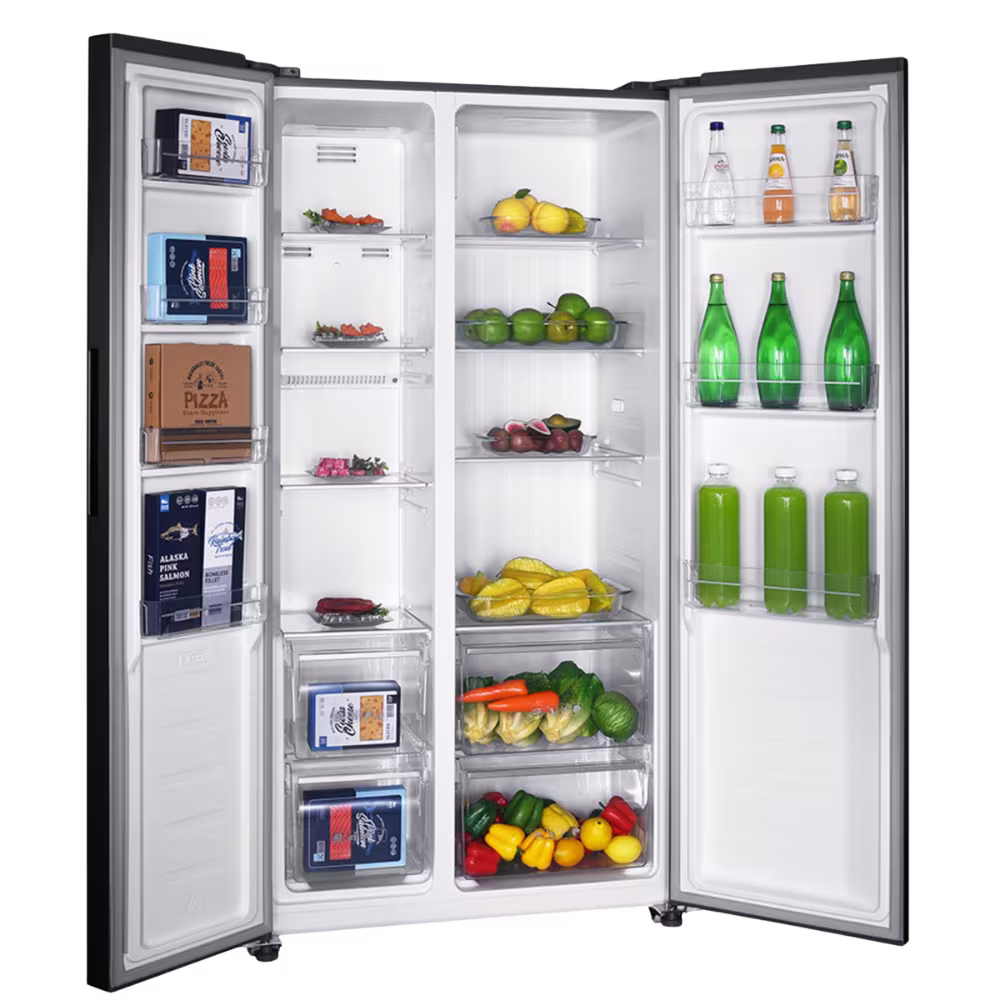 Refrigeradora Mabe MSE480LMLPS0 480L puertas abiertas con alimentos vista frontal, adquiérelo en granhogar