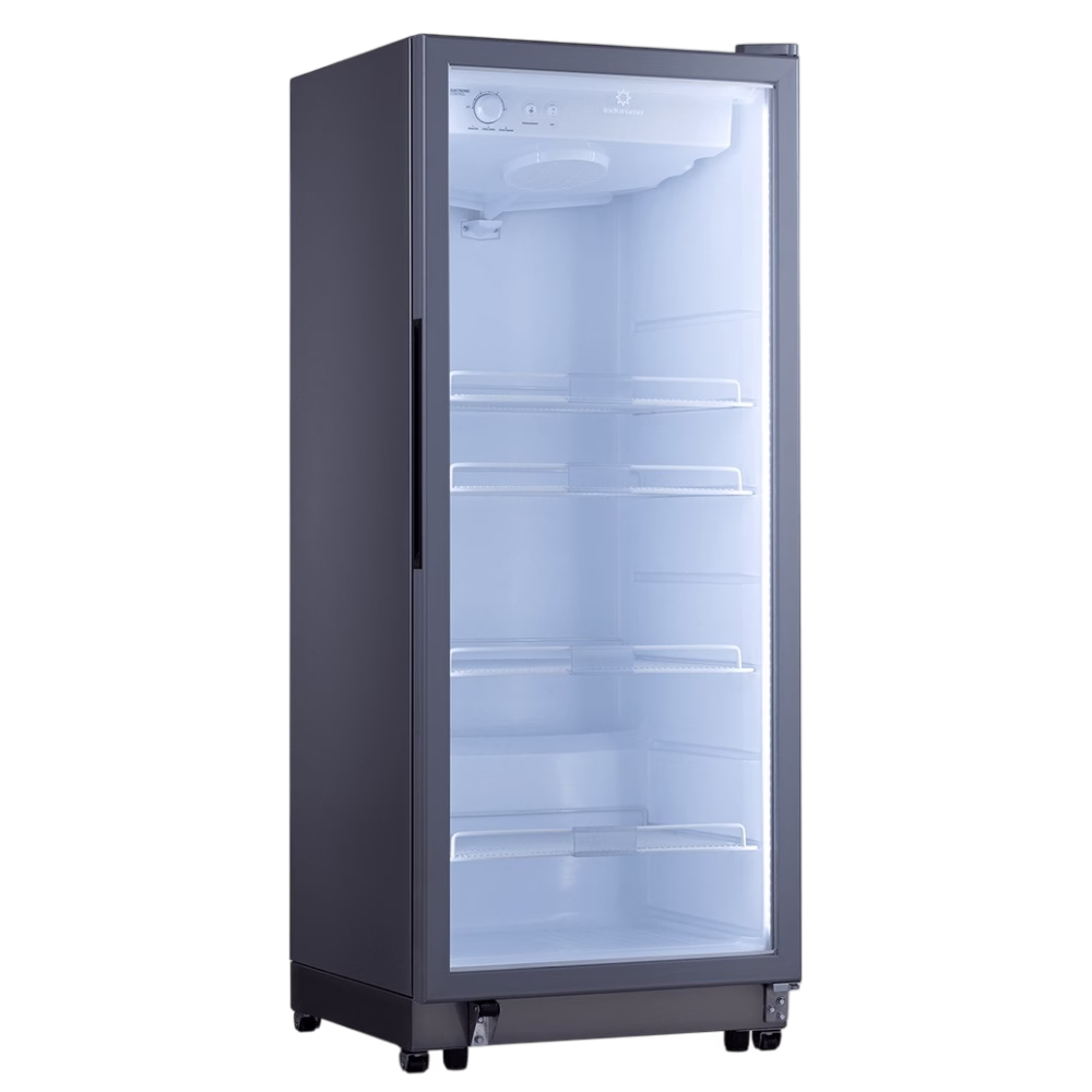 Vitrina refrigeradora vertical VFV-400 luz LED Indurama en diagonal izquierda, encuéntralo en granhogar