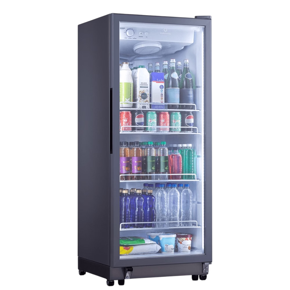 Vitrina refrigeradora vertical VFV-400 luz LED Indurama llena con bebidas y luz, adquiérelo en granhogar