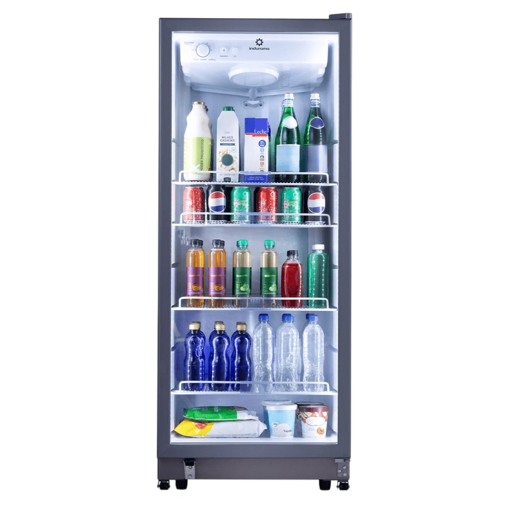 Vitrina refrigeradora vertical VFV-400 luz LED Indurama con bebidas organizadas, cómpralo en granhogar