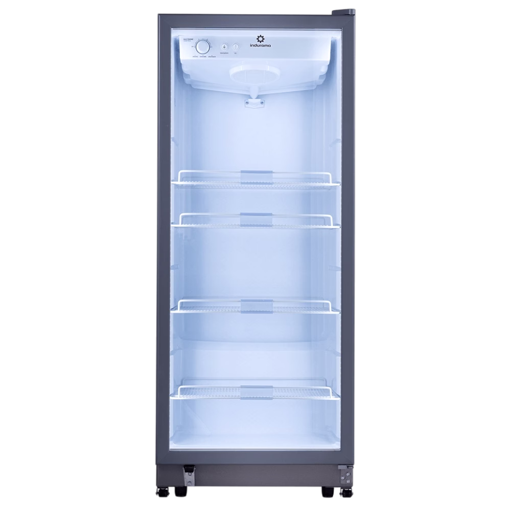 Vitrina refrigeradora vertical VFV-400 luz LED Indurama vista frontal, descúbrelo en granhogar
