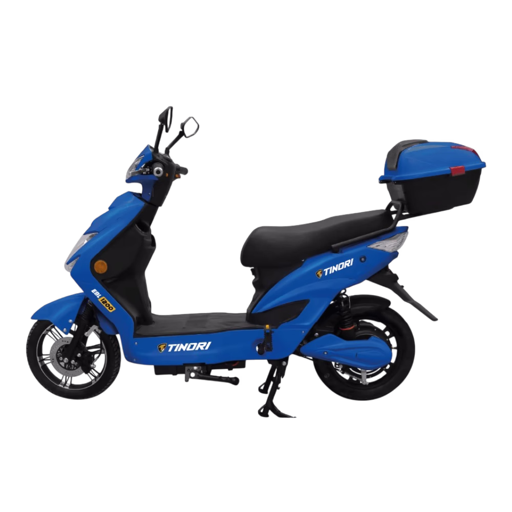 Scooter eléctrica EBL 1200W con pedal Tinori versión en color azul con maletero descúbrelo en granhogar