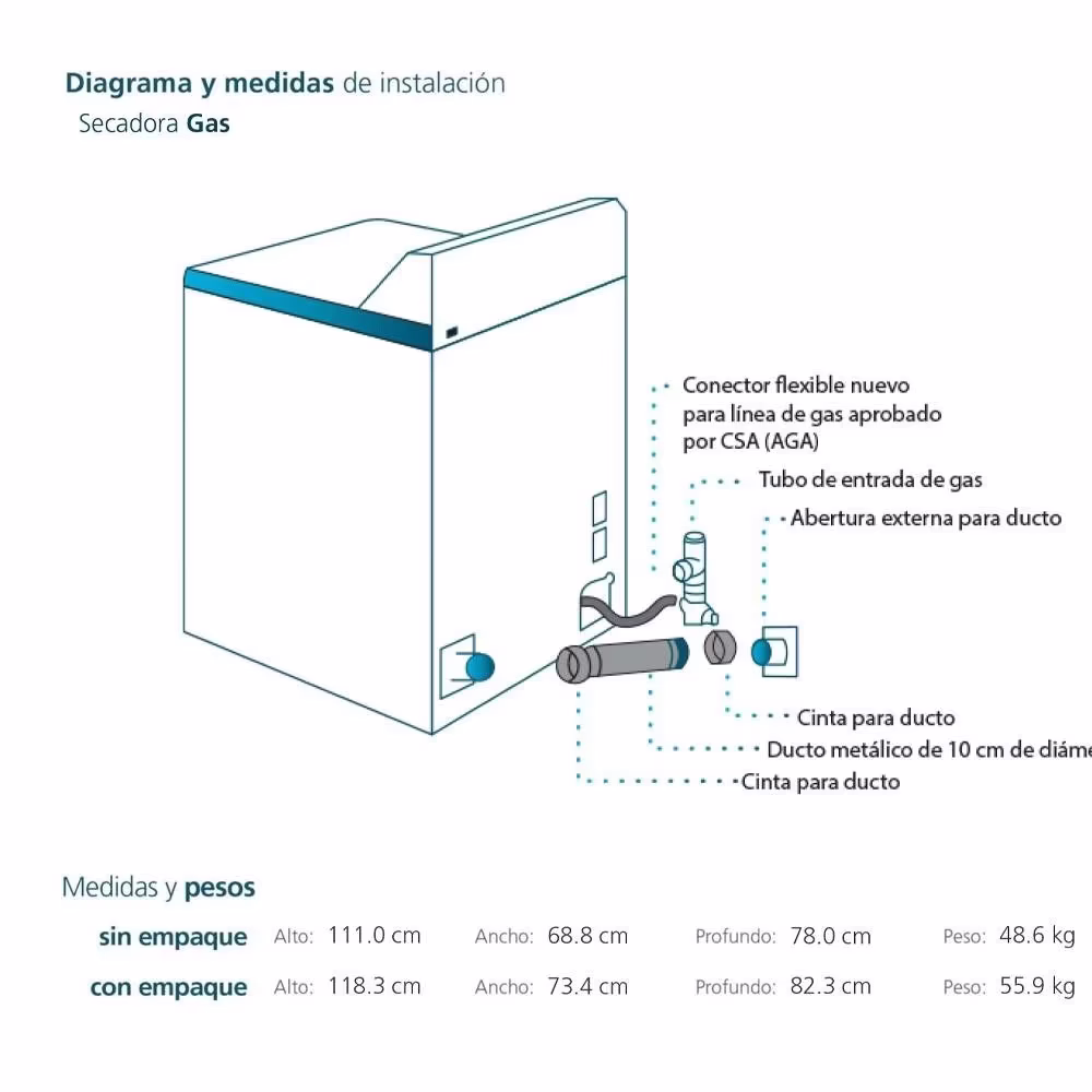Secadora a gas SMG17R8MSBAB0 24kg blanca Mabe diagrama de instalación y medidas adquiérelo en granhogar
