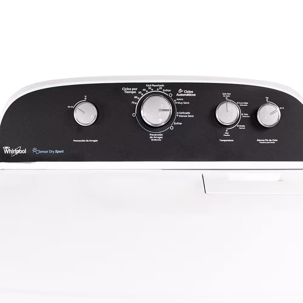 Secadora electrica Whirlpool 7MWED1900EW perillas de control y funciones panel detalle. Disponible granhogar