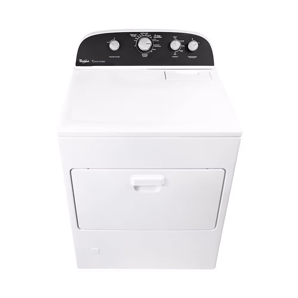 Secadora electrica Whirlpool 7MWED1900EW tapa superior y panel control vista picado. Disponible en granhogar