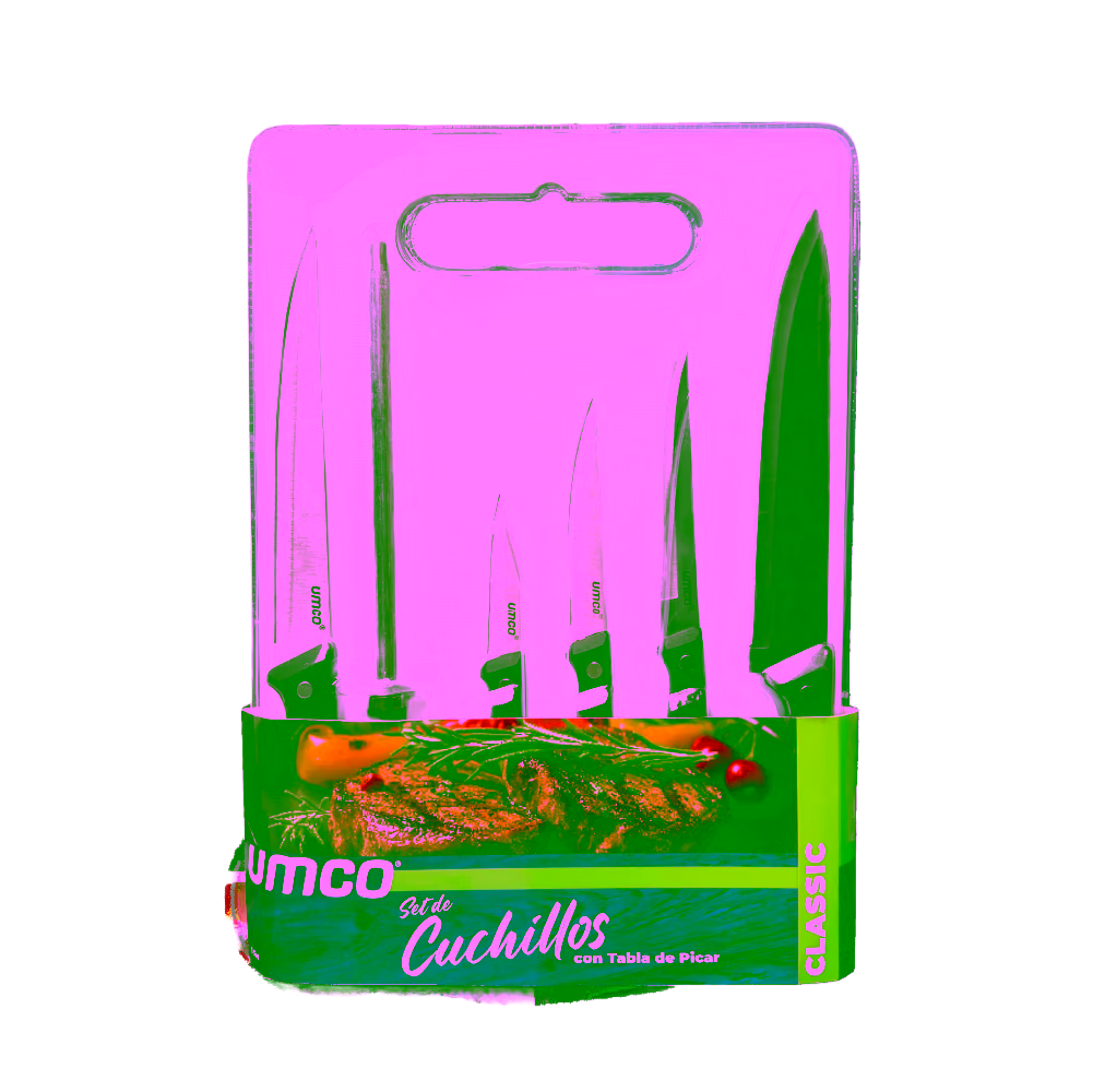 Vista frontal Set Umco De Chuchillos Más Tabla De Pica disponible en granhogar