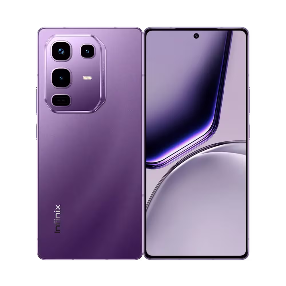 Telefono Infinix NOTE 50 PRO color morado vista frontal y posterior. Disponible en granhogar