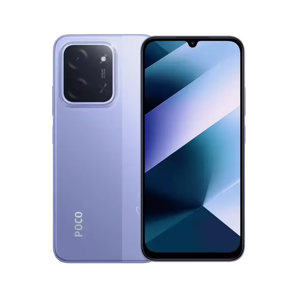 Telefono POCO C85 diseño color morado con doble camara trasera vista frontal. Disponible en granhogar