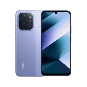 Telefono POCO C85 diseño color morado con doble camara trasera vista frontal. Disponible en granhogar