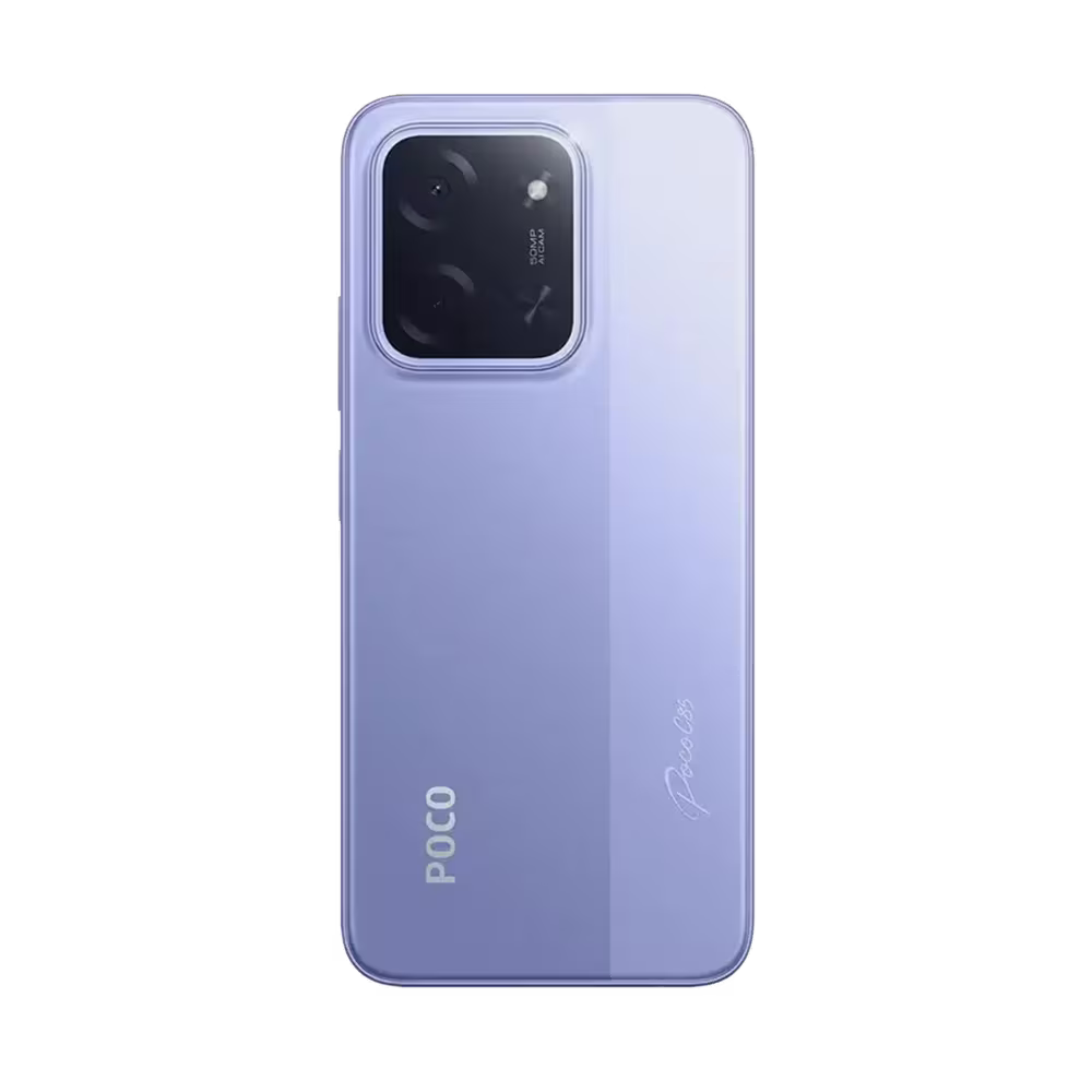 Telefono POCO C85 tapa trasera morada con modulo de camara cuadrado vista posterior. Disponible en granhogar