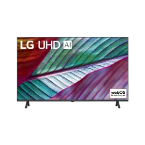 Televisor LG 43UR7800PSB sistema webOS y patas laterales soporte vista frontal disponible en granhogar