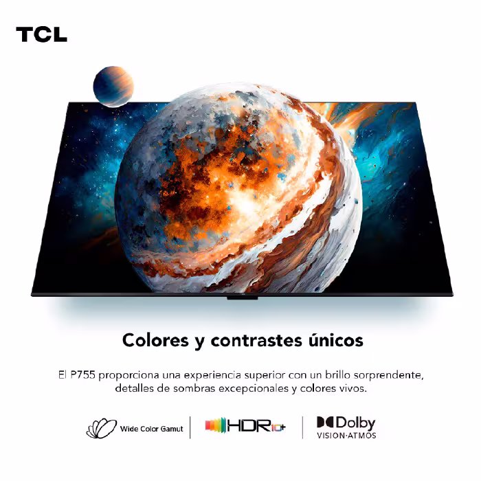 El TELEVISOR 50P755 CBU SMART TV 4K GOOGLE TV 50" de TCL ten una experiencia visual increíble con 4K, HDR 10+, Dolby Vision y sonido DTS Virtual:X.