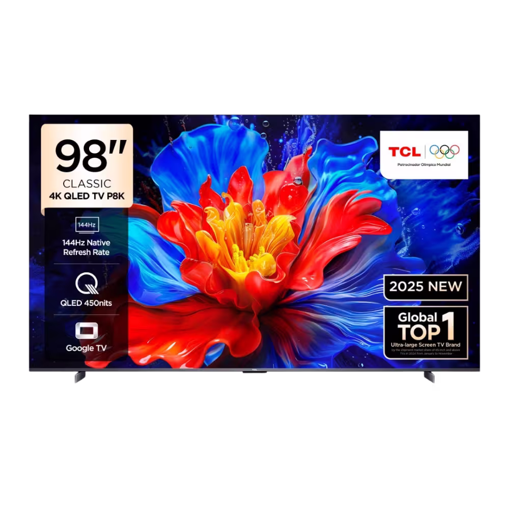 Televisor TCL 98P8K Google TV con imagen colorida, 98 pulgadas vista frontal descúbrelo en granhogar