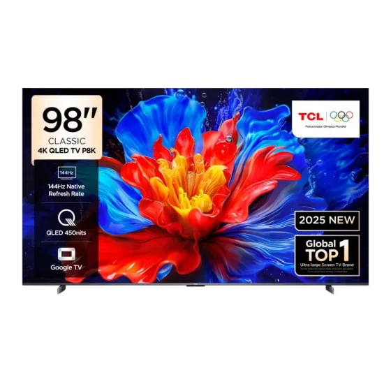 Televisor TCL 98P8K Google TV con imagen colorida, 98 pulgadas vista frontal descúbrelo en granhogar