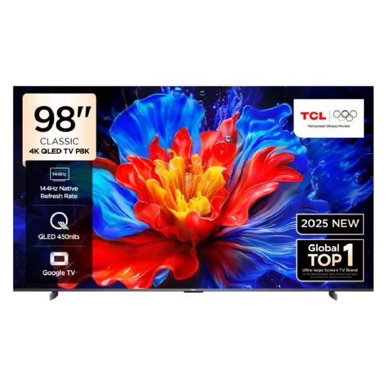 Televisor TCL 98P8K Google TV con imagen colorida, 98 pulgadas vista frontal descúbrelo en granhogar