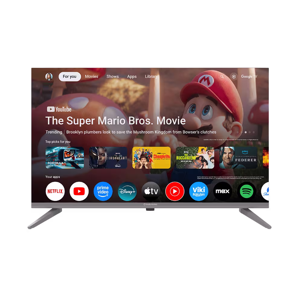 Televisor Indurama 32TIKGF5HD interfaz Google TV activa vista frontal. Solo en granhogar
