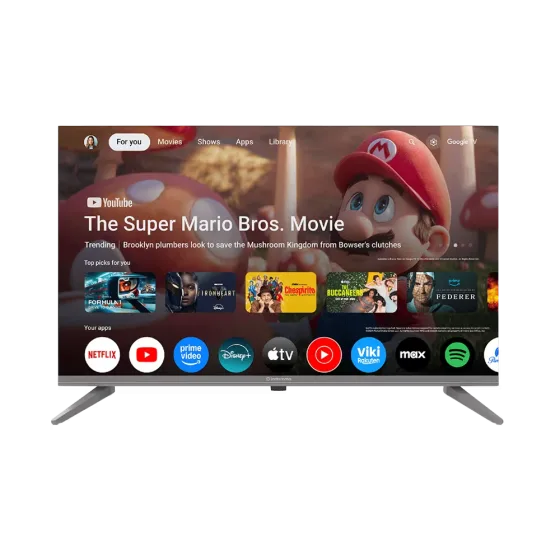 Televisor Indurama 32TIKGF5HD interfaz Google TV activa vista frontal. Solo en granhogar