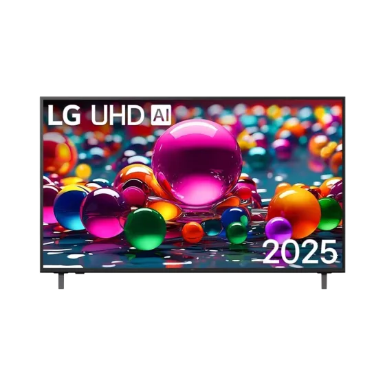 Televisor LG 55UA8550PSA pantalla encendida con esferas de colores vista frontal. Disponible en granhogar