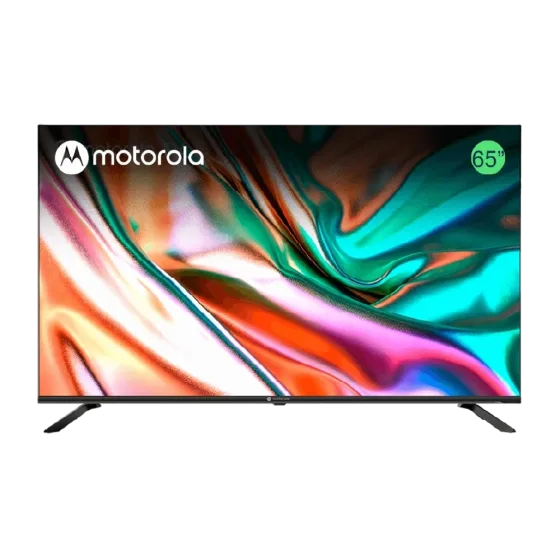 Televisor Motorola 65MNUHD frontal completo con etiqueta roja, descúbrelo en granhogar.