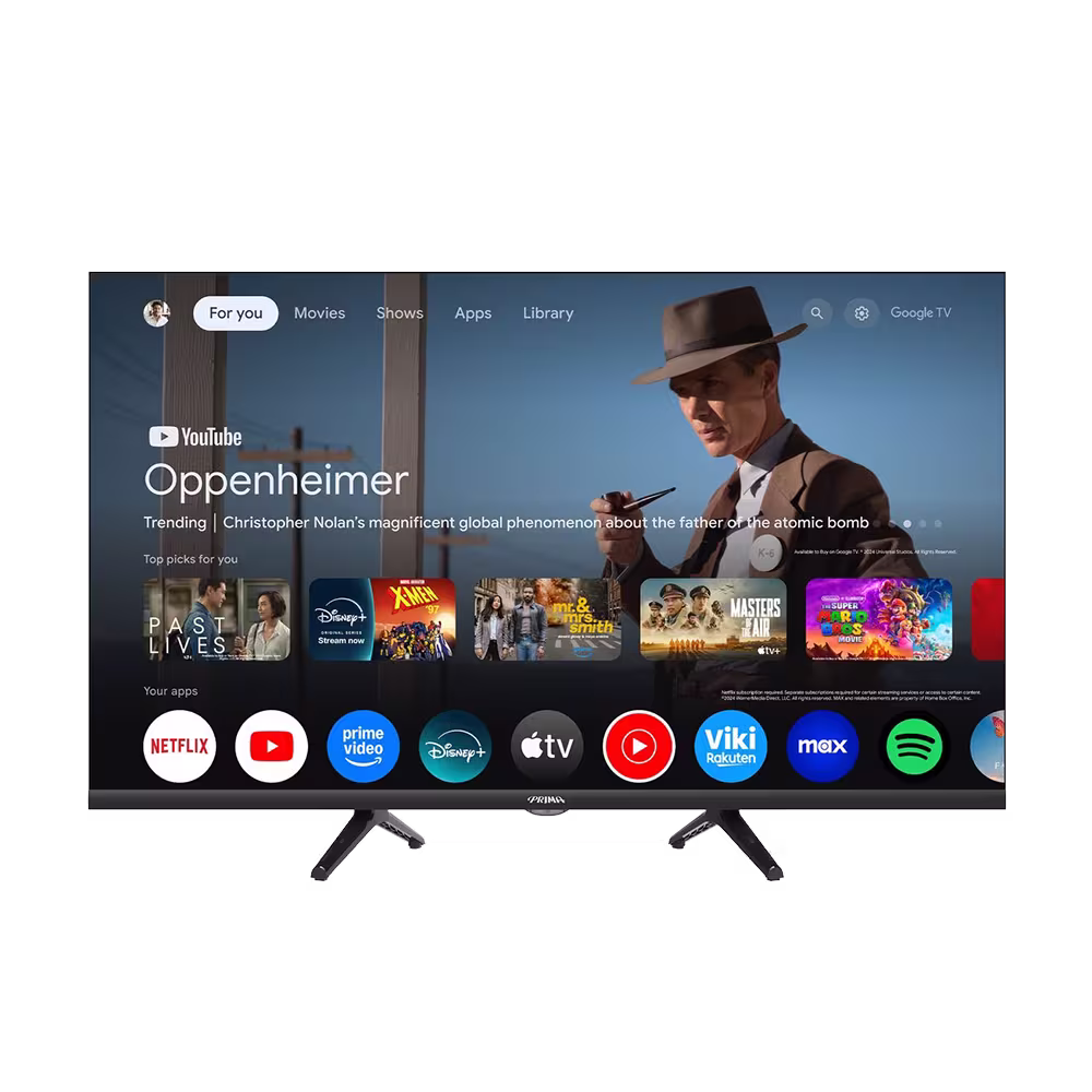 Televisor Prima PRIGTV32HD Smart TV 32 pulgadas y sistema Google TV vista frontal. Disponible en granhogar