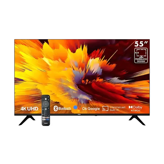 Televisor RCA LED55RCA684GT 55 pulgadas 4K Google TV con control vista frontal. Encuéntralo en granhogar