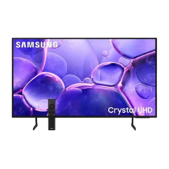 Televisor UN50DU7000PCZE Smart TV Crystal Samsung vista frontal con control remoto, descúbrelo en granhogar