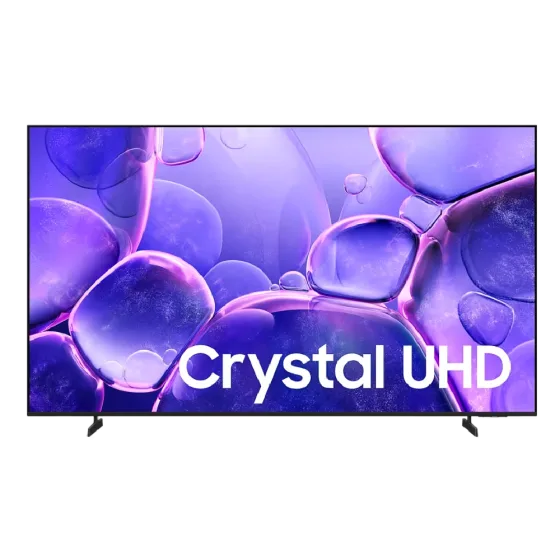 Televisor Samsung UN85U8000FPXPA pantalla con borbujas moradas nitidas vista frontal, descúbrelo en granhogar