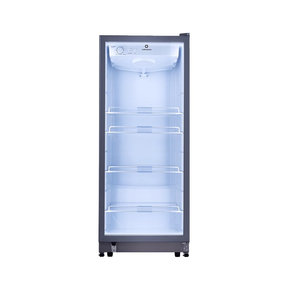 Vitrina refrigeradora vertical VFV-400 luz LED Indurama vista frontal, descúbrelo en granhogar