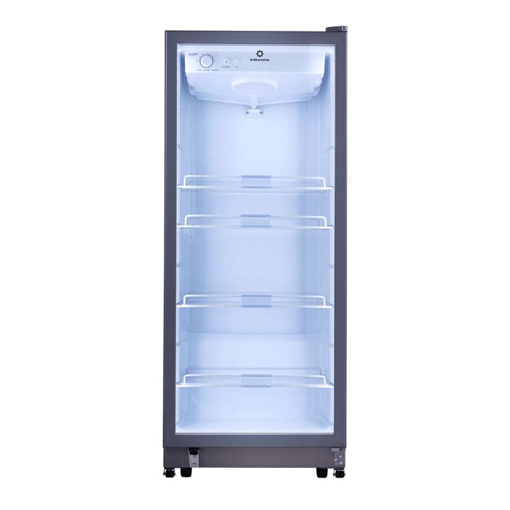 Vista frontal vitrina frigorífica vertical Indurama con puerta de vidrio
