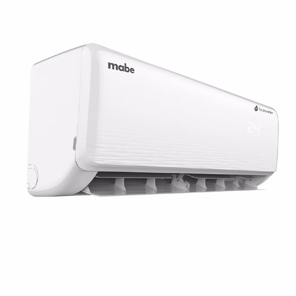 Aire acondicionado Mabe MMT12CDBWCCAX8, de 12.000 BTU, alta eficiencia y gas ecológico R410A, ideal para refrescar tu hogar cuidando el ambiente.