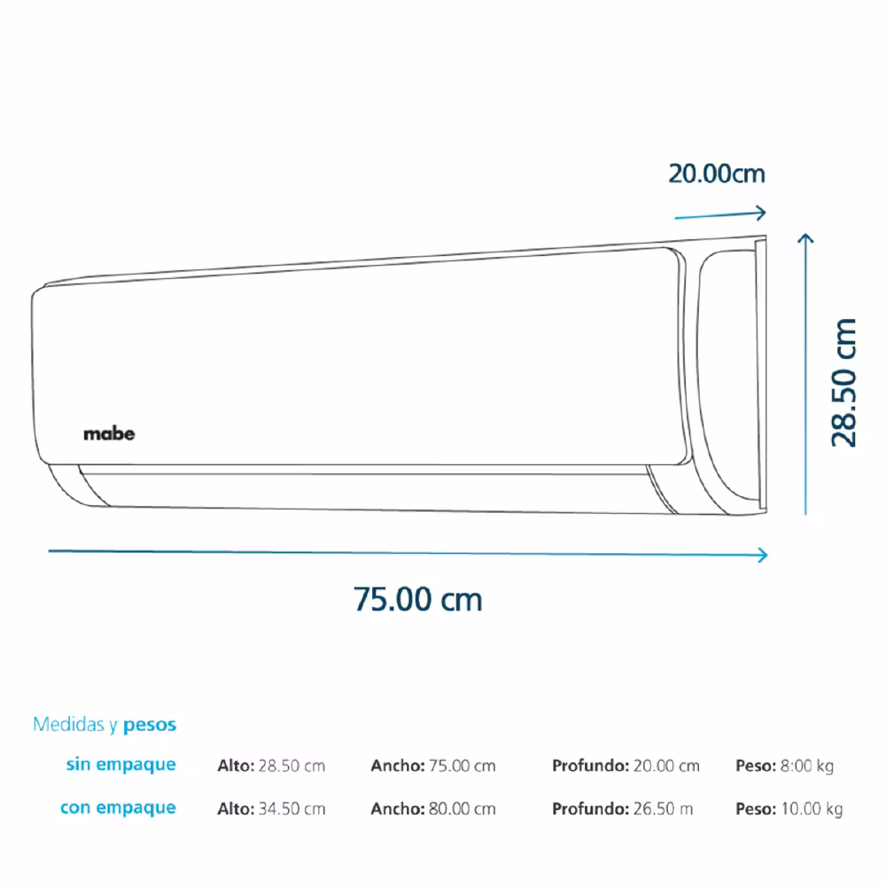 Aire acondicionado Mabe MMT12CDBWCCAX8, de 12.000 BTU, alta eficiencia y gas ecológico R410A, ideal para refrescar tu hogar cuidando el ambiente.